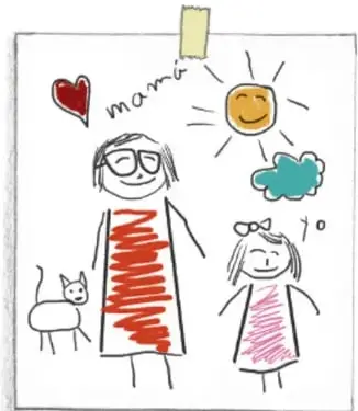 Dibujo infantil pegado con cinta: una madre con su hija, un gato, un corazón y un sol; rotulados "mamá" y "yo". Crédito fotográfico: Rosalía Mesa Zanudio, Puebla.