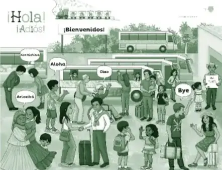 Ilustración del recurso '¡Hola! ¡Adiós!': escena con muchas personas saludándose (manos, besos, reverencias, saludos en LSM) con globos de texto que dicen ¡Hola!, ¡Adiós!, ¡Bienvenidos!, Aloha, Bye, entre otros.