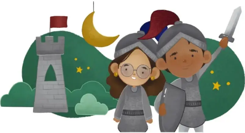 Ilustración de dos niños disfrazados de caballeros con espada y escudo, una torre con bandera roja, una luna creciente y estrellas sobre colinas verdes.