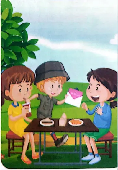 Ilustración de tres niños sentados alrededor de una mesa, compartiendo alimentos y una carta.