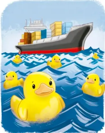 Ilustración de un barco carguero con contenedores navegando en el océano rodeado de varios patitos de goma amarillos flotando en las olas.