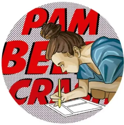 Ilustración en estilo pop-art de una historietista dibujando en una mesa, con las onomatopeyas rojas 'PAM', 'BE' y 'CRA' sobre un fondo de puntos. Crédito: Carlos Javier Melgar Rincón, Michoacán.
