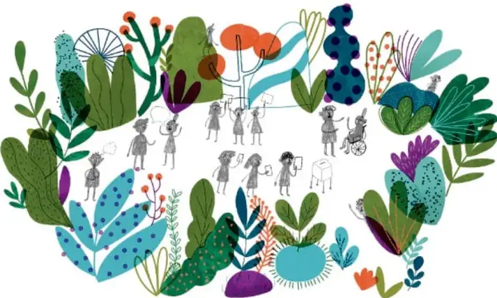 Ilustración colorida de una escena comunitaria con personas de distintas edades, algunas en silla de ruedas, rodeadas de plantas, flores, cactus y hongos, que simboliza la diversidad y la vida en comunidad.