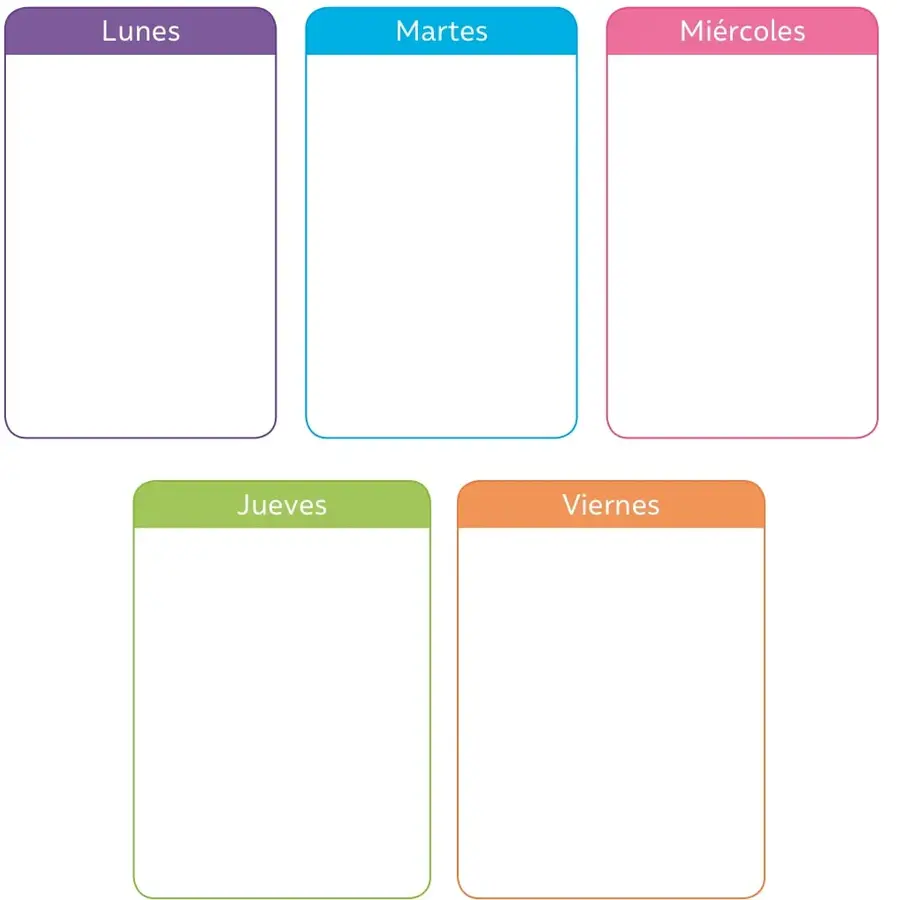 Tarjetas con cabecera de color: Lunes (morado), Martes (celeste) y Miércoles (rosado), con espacio blanco para dibujar.