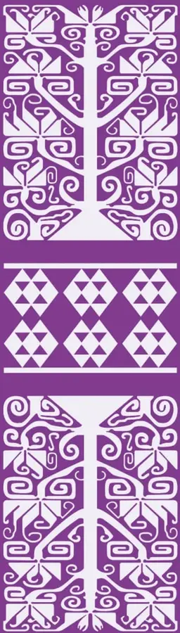 Diseño decorativo con patrones geométricos prehispánicos en color morado y blanco: figuras simétricas que recuerdan grecas y motivos textiles tradicionales mexicanos.