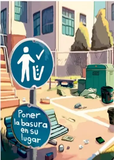 Señal circular con la frase 'Poner la basura en su lugar' y escena de calle con residuos y botes de basura.