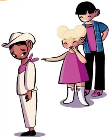 Ilustración de tres niños: Arturo con la mirada baja y una niña y un niño señalándolo y burlándose de él.