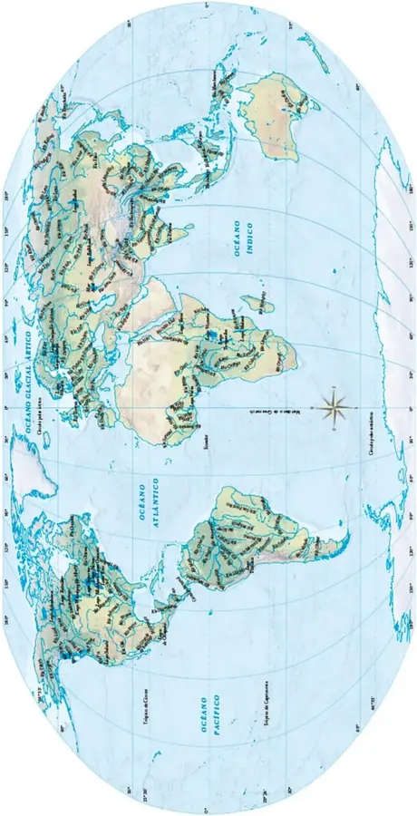Mapa mundial en proyección Robinson con ríos (líneas azules) y lagos (manchas azules claras), océanos rotulados y escala gráfica.