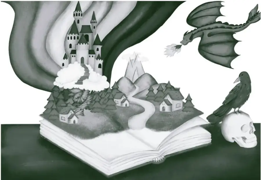 Ilustración en blanco y negro y verde: un libro abierto del que emerge un paisaje con castillo, montañas, casas y un camino; un dragón vuela a la derecha y un cuervo posa sobre una calavera.