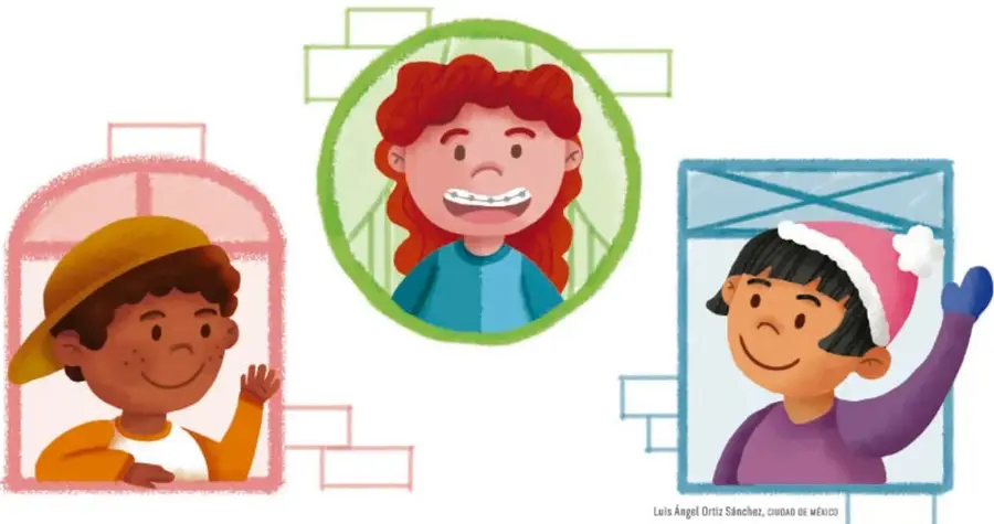 Ilustración de tres niños y niñas diversos: un niño con sombrero y playera naranja, una niña de cabello rojo con aparato dental y playera azul, y un niño con gorro navideño y suéter morado. Representan la diversidad y la dignidad de cada persona.