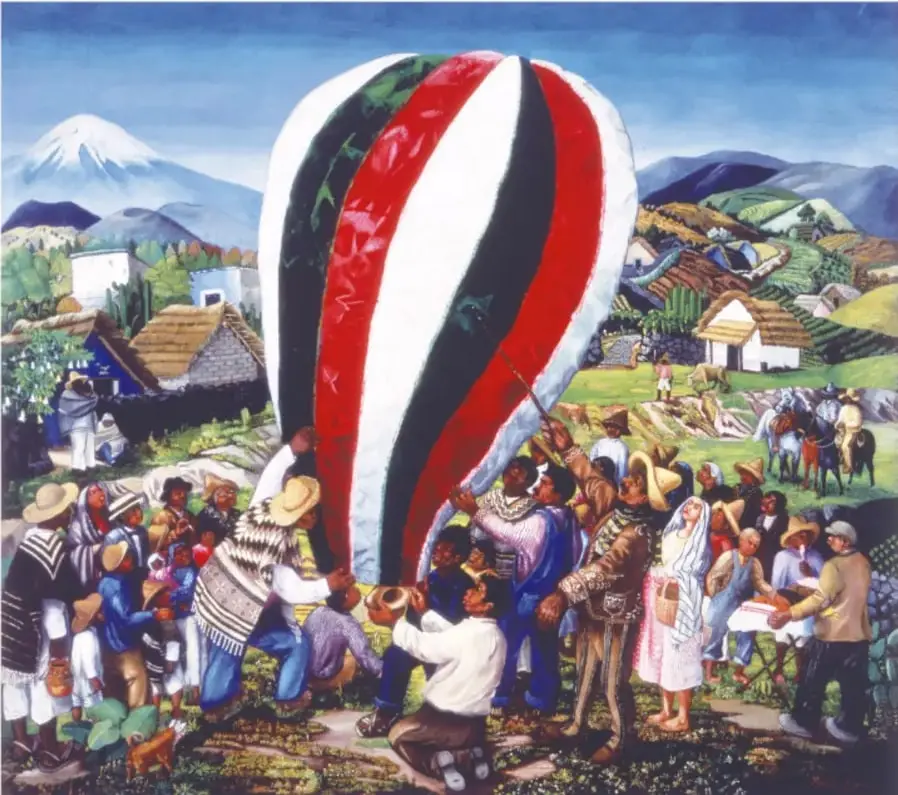 Pintura El globo (1930): multitud rural reunida alrededor de un globo aerostático de franjas rojas, blancas y negras; al fondo, un volcán nevado y casas de adobe.
