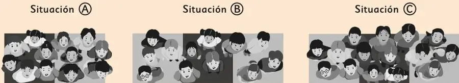 Tres situaciones Ⓐ, Ⓑ y Ⓒ con grupos de niños sobre colchonetas.