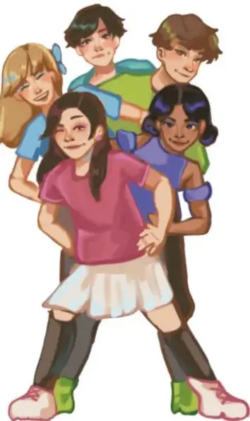 Ilustración de cinco niños en pose de baile o expresión corporal; crédito: Abigail Godoy Araujo, Querétaro.