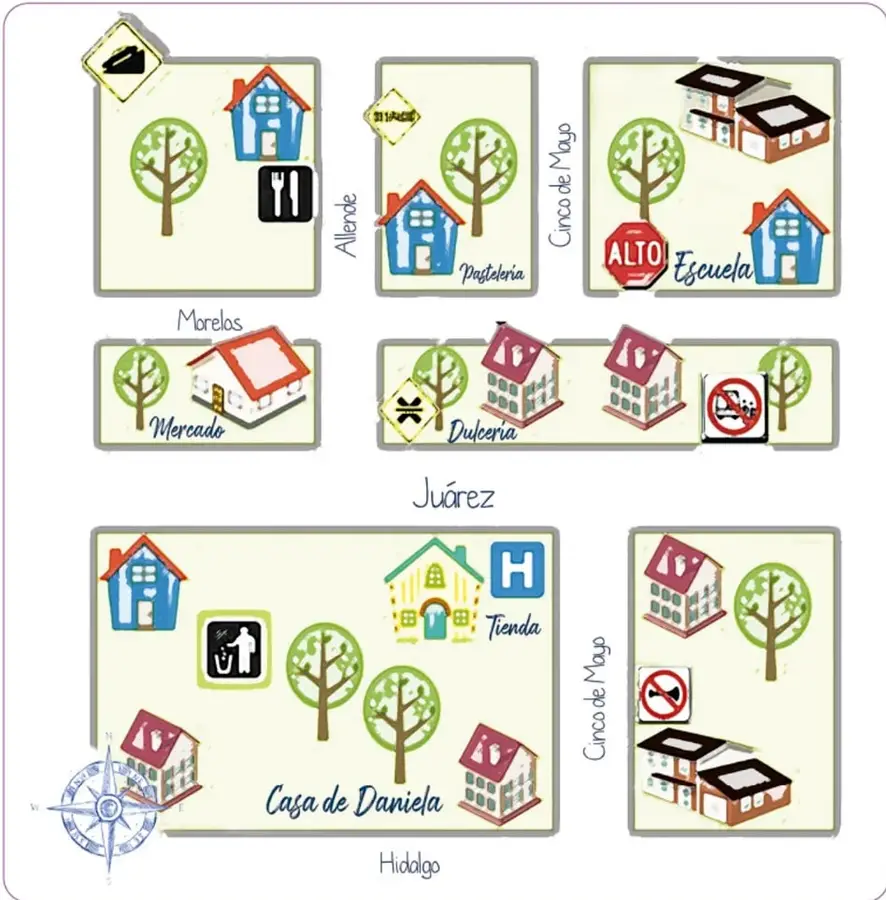 Croquis de un barrio con calles Morelos, Juárez, Hidalgo y Cinco de Mayo; incluye escuela, casa de Daniela, panadería, dulcería, tienda, mercado, señales de tránsito y rosa de los vientos.