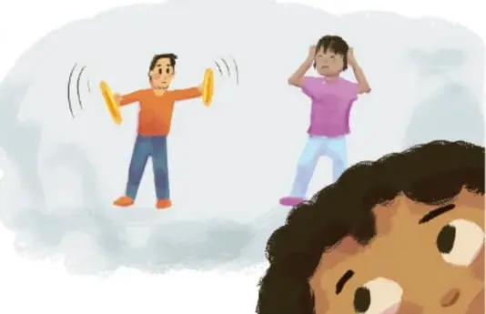 Ilustración de un niño con megáfono haciendo ruido y una niña tapándose los oídos, junto a una persona que observa.