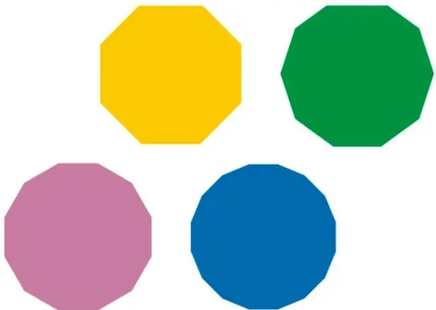 Cuatro polígonos (octógonos) de colores: amarillo, verde, rosa y azul, dispuestos de forma escalonada como elemento gráfico decorativo.
