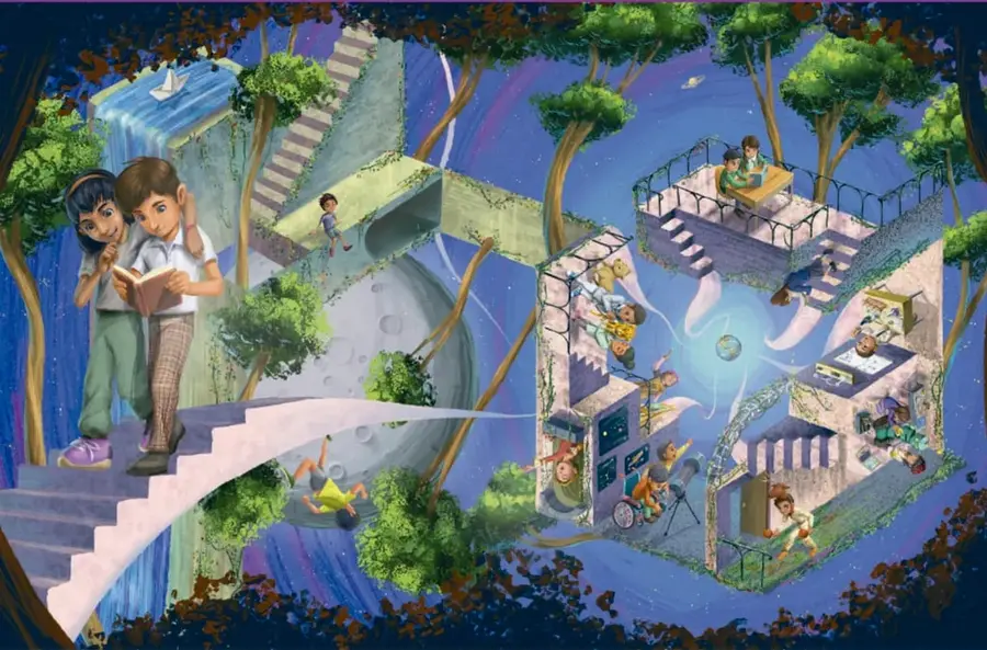 Ilustración de portada con estudiantes en escenarios de aprendizaje: una escalera, un salón de clases, una biblioteca, un laboratorio y un espacio con globo terráqueo, entre árboles y elementos naturales.