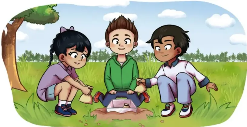 Ilustración de tres niños y niñas sentados en el pasto alrededor de un pequeño hoyo en la tierra; uno de ellos sostiene una caja abierta, como si estuvieran enterrando o desenterrando una cápsula del tiempo. Al fondo hay árboles y nubes.