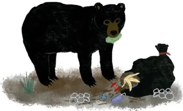 Ilustración de un oso negro de pie junto a botes de basura abiertos, con desechos esparcidos en el suelo. Crédito: Luz Fernanda Jacinto Rodero, Ciudad de México.