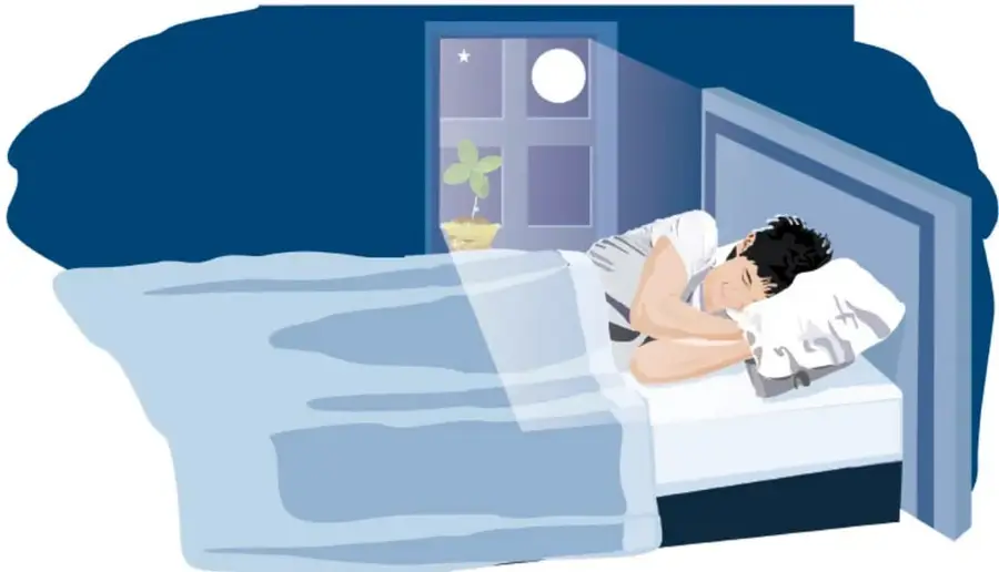 Ilustración nocturna: el personaje duerme en su cama bajo una cobija azul, con la luna llena y una estrella visibles por la ventana y una pequeña planta en la repisa.