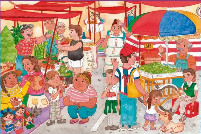 Ilustración de un mercado popular con puestos de verduras, frutas, juguetes y ropa, familias, niños, vendedores y un perro.