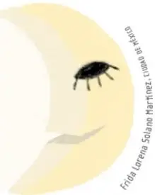 Luna pálida con una lechuza posada y firma de la ilustradora Frida Lorena Solano Martínez.