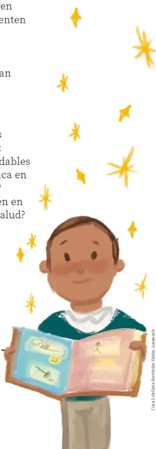 Niño sonriente de camiseta verde con cuello blanco que sostiene abierto su libro cartonero con páginas azules y rosas decoradas; a su alrededor hay estrellas doradas. Crédito: Clara Estefanía Hernández Valdez, Guanajuato.