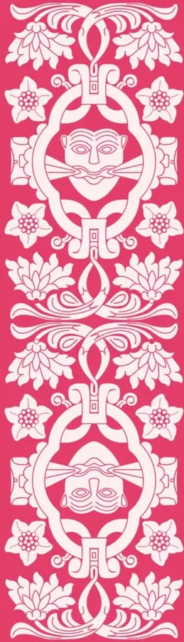 Ilustración decorativa vertical en color rosa con motivos florales y dos rostros humanos estilizados, uno de ellos con lágrimas, enmarcados en figuras circulares. Evoca la dignidad y el sufrimiento humano vinculados a los derechos humanos.