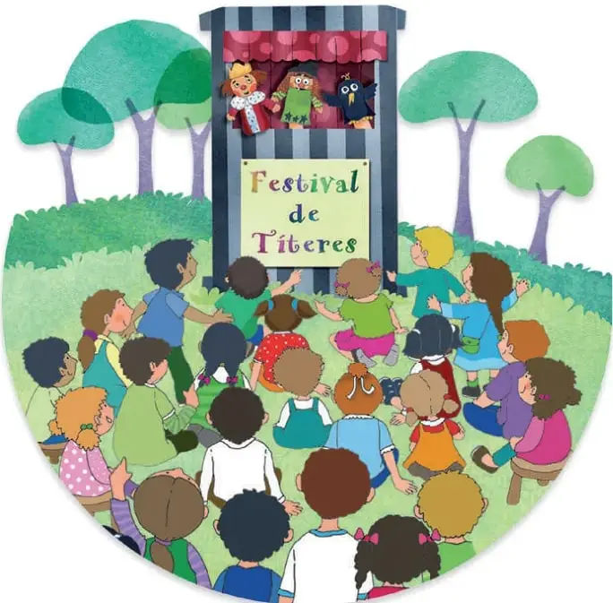 Ilustración de un teatrillo de títeres en una plaza con árboles; varios niños y niñas sentados en el pasto observan la función de títeres.