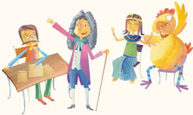 Ilustración de cuatro personajes de una obra de teatro: un hombre con lentes y papeles, un personaje con peluca y bastón, una niña con vestuario egipcio y un personaje disfrazado de pollo.