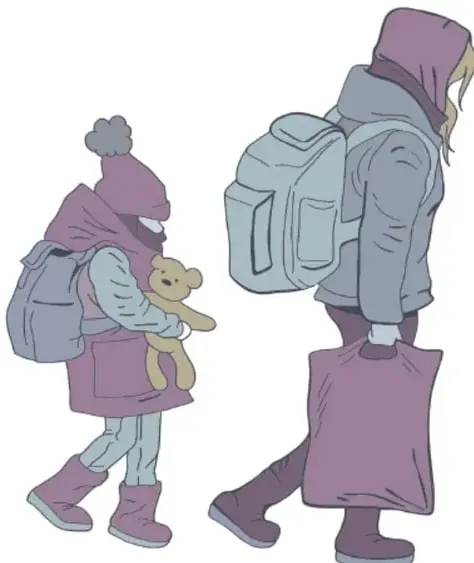 Ilustración de una mujer y una niña con abrigos, mochilas y una maleta, caminando; la niña lleva un osito de peluche, simbolizando una familia migrante.