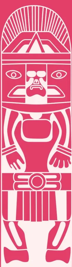Ilustración estilizada en rosa y blanco de una figura prehispánica o tótem, con rostro, tocado radiado, brazos y piernas, sobre fondo rosa.