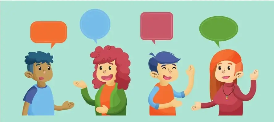 Ilustración de cuatro jóvenes conversando con bocadillos de diálogo de colores.
