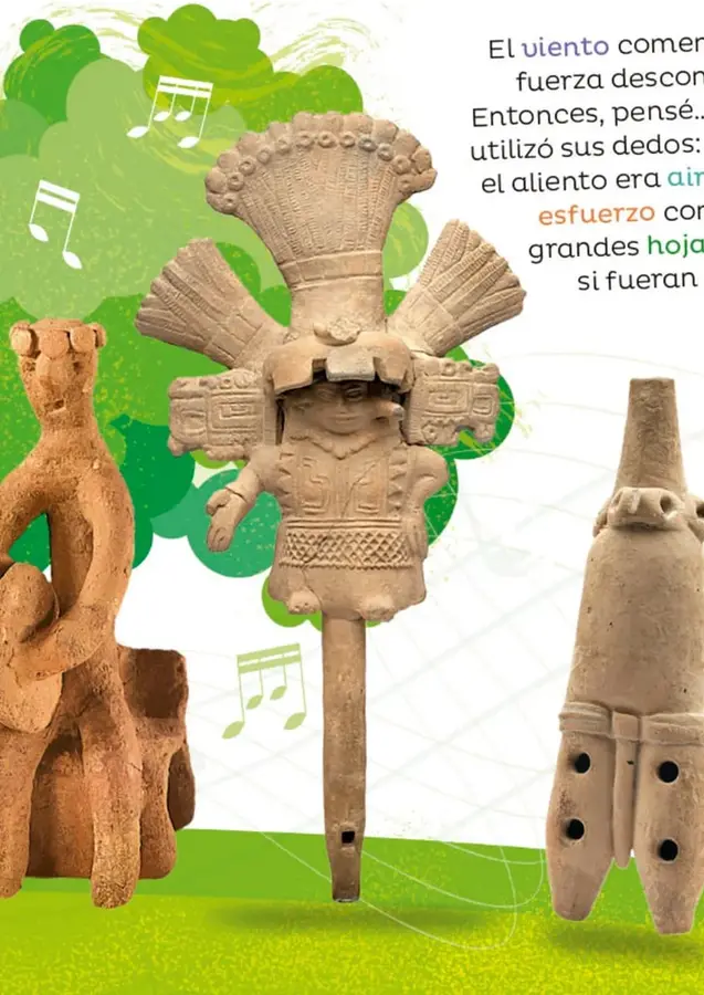 Figura de barro con forma de flauta o silbato antropomorfo, con notas musicales alrededor.