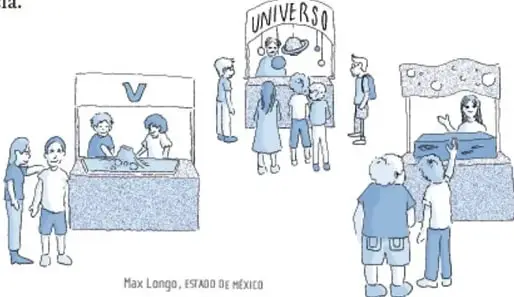 Ilustración de Max Longo (Estado de México) que muestra alumnos en stands de una feria científica con carteles que dicen 'UNIVERSO', simulando experimentos en vivo ante público.