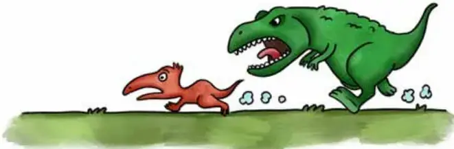 Ilustración de un dinosaurio verde grande con la boca abierta persiguiendo a un dinosaurio rojo pequeño que corre asustado sobre el pasto.