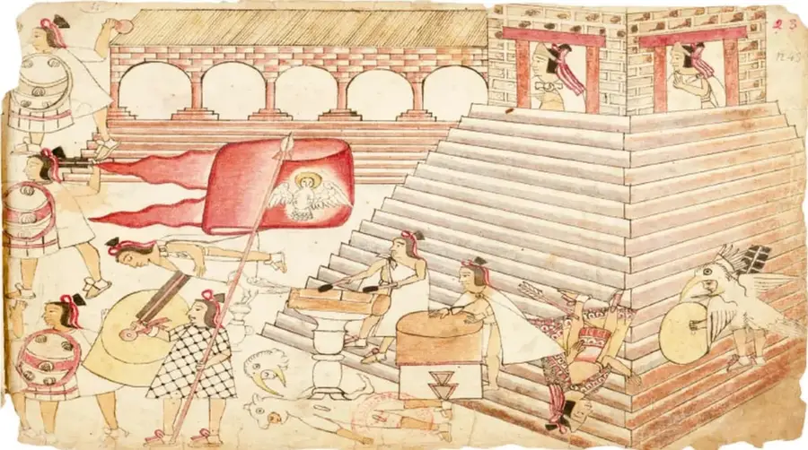 Ilustración estilo códice colonial que muestra una escena de la conquista: guerreros indígenas y europeos junto a una pirámide con escalinata, un estandarte rojo con emblema, y personajes caídos en el suelo; arriba, un templo con arcos y figuras en las ventanas.