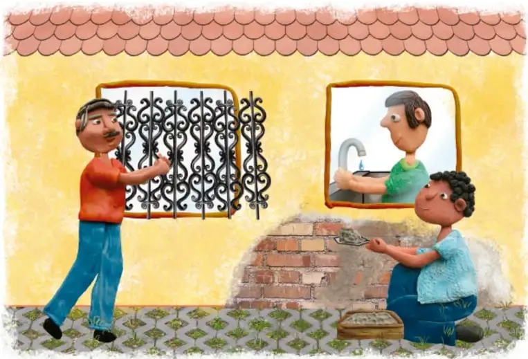 Ilustración de una casa donde tres personas participan en actividades del hogar: una coloca una reja en la ventana, otra se lava las manos y una tercera trabaja en la construcción de un muro de ladrillo.