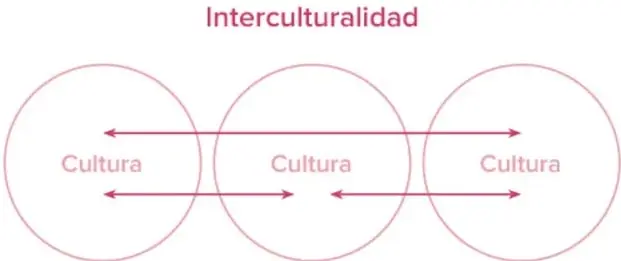 Esquema titulado 'Interculturalidad' con tres círculos rotulados 'Cultura' conectados por flechas bidireccionales, que representan relaciones recíprocas entre culturas. Fuente: elaboración propia con base en Walsh (2004).