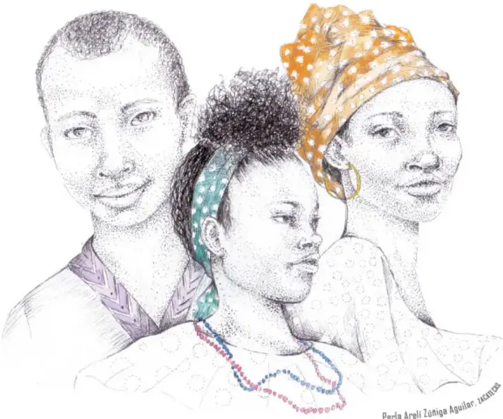 Ilustración de tres personas afroseminoles: un hombre joven, una niña con diadema y una mujer con turbante naranja y aretes.
