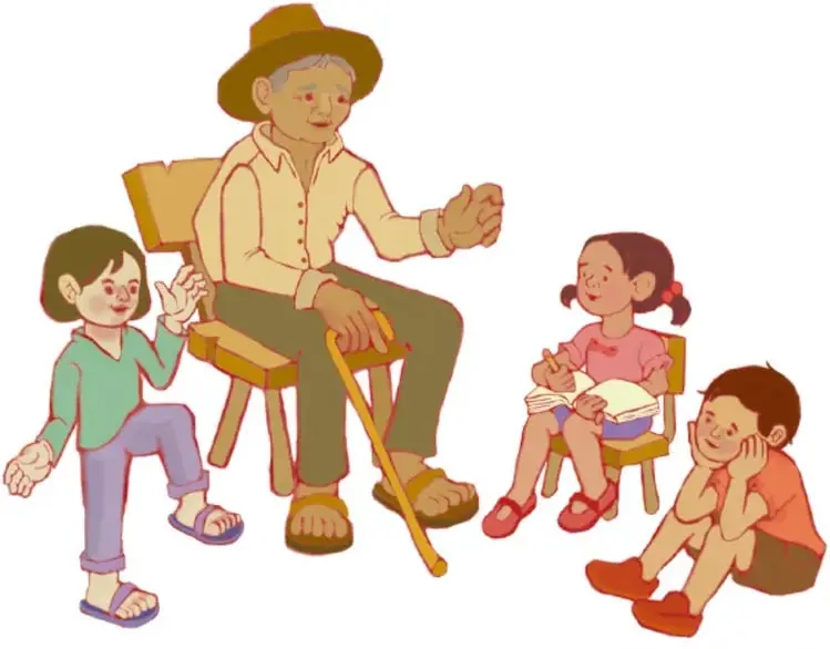 Escena de un adulto mayor sentado en una silla, con sombrero y bastón, que narra historias a tres niños y niñas que lo escuchan con atención; una niña toma notas en un cuaderno.