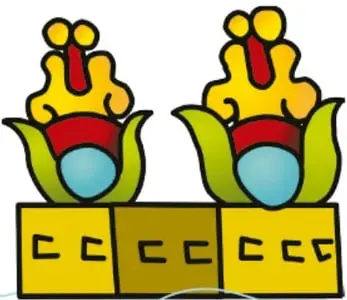 Glifo prehispánico de Xochimilco: dos flores sobre un terreno amarillo con señales de cultivo.