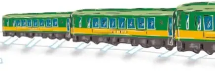 Ilustración de un tren verde y amarillo (el CH-P) sobre una vía con durmientes.