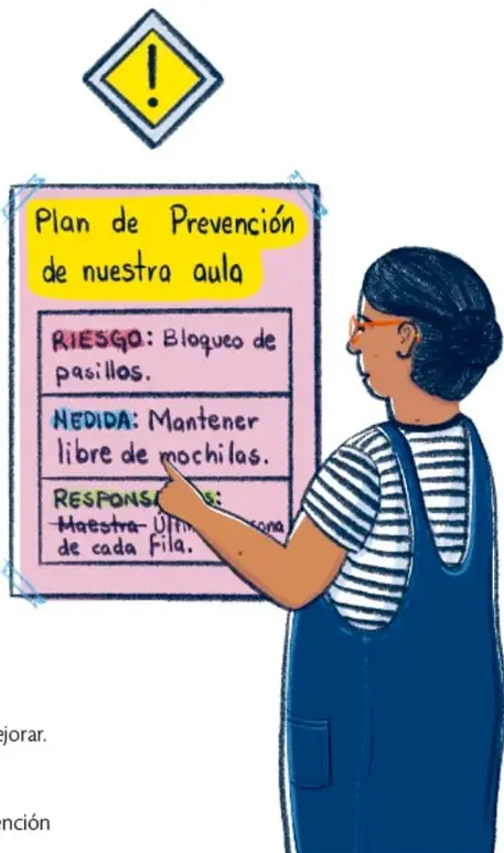 Ilustración de una estudiante (Mariana Flores Serrano, Ciudad de México) pegando en la pared un afiche titulado «Plan de Prevención de nuestra aula» con campos Riesgo (bloqueo de pasillos), Medida (mantener libre de mochilas) y Responsable (última persona de cada fila); encima hay un cartel romboidal de advertencia con signo de exclamación.