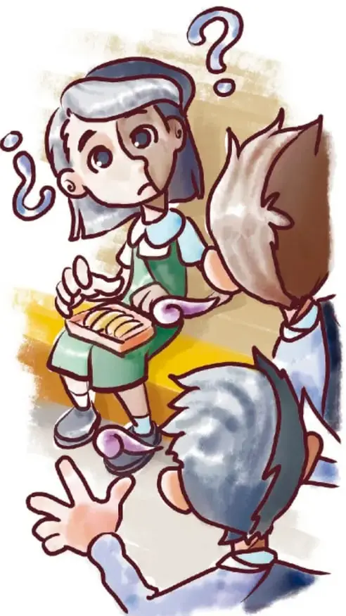 Ilustración de María, una niña indígena con vestimenta tradicional verde, sosteniendo tortillas dobladas con salsa. A su alrededor hay tres compañeros que la observan y se burlan; sobre su cabeza flotan signos de interrogación y una espiral que representan confusión y extrañeza.