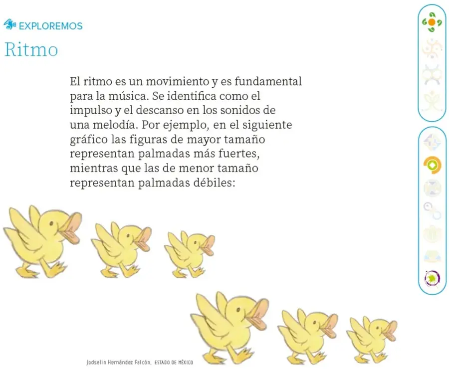 Ilustración de seis patitos amarillos caminando en dos filas; su tamaño decreciente grande a pequeño representa el patrón de palmadas fuertes y débiles. Crédito: Jodselín Hernández Falcón, Estado de México.