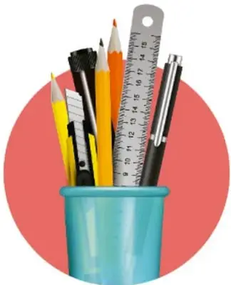 Ilustración de un vaso con lápices, plumas y regla.