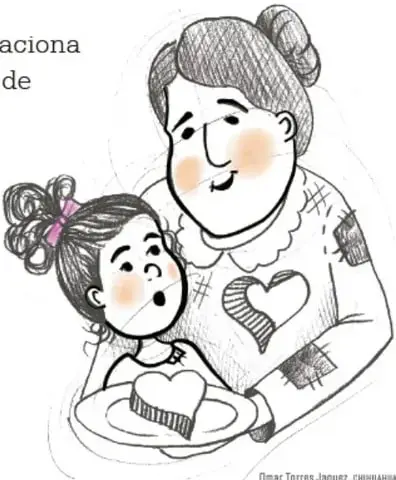 Ilustracion de una abuela y una nina (Monica) sosteniendo un corazon, simbolizando el afecto y el respeto a las diferencias. Credito: Omar Torres Jaquez, CINHUMANA.