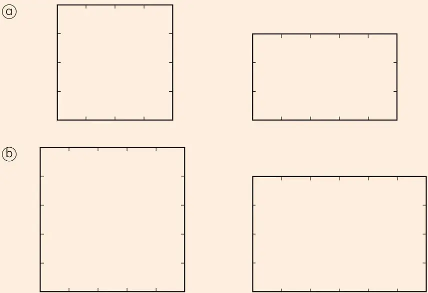 Cuatro figuras (dos cuadrados y dos rectángulos) con marcas de centímetros para dibujar cuadrados de 1 cm.