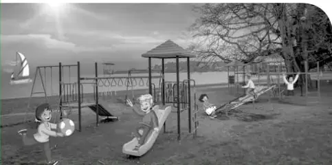 Ilustración en escala de grises de un parque infantil: niños y niñas usan columpios, resbalín, balancín, sube y baja y juegos giratorios; al fondo hay árboles y una pérgola. Ilustra la Unidad 1 sobre fuerzas.